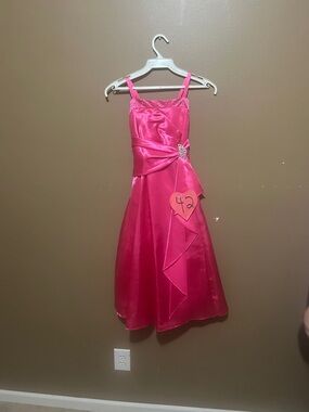 Girls' Hot Pink Satin Occasion Dress with Decorative Brooch